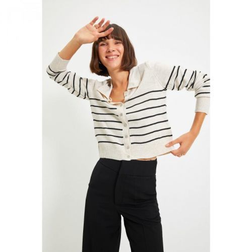 Trendyol Beige Polo Neck Striped Knitwear Cardigan
