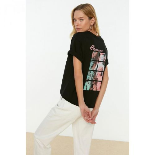 Trendyol Black Printed Boyfriend Knitted T-Shirt