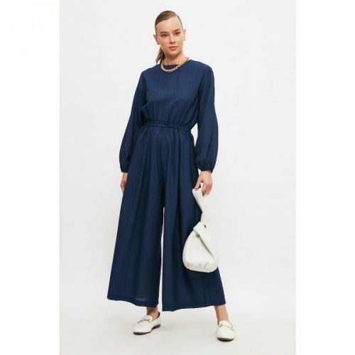Trendyol Indigo Wide Cut Overalls With Elastic Waist