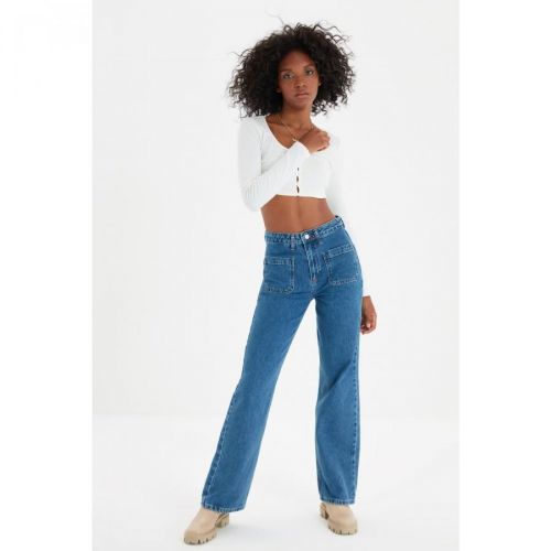 Trendyol Blue Pocket Detailed High Waist 90's Wide Leg Jeans