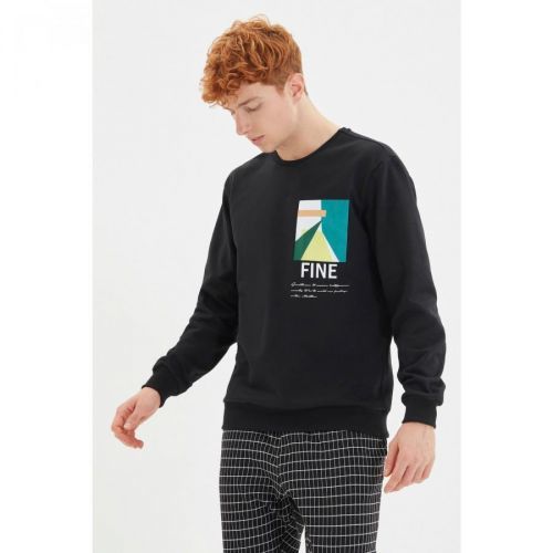 Trendyol Black Men Regular Fit Crew Neck Printed Sweatshirt