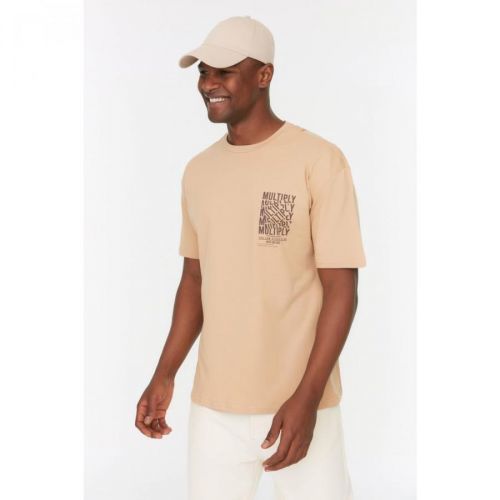 Trendyol Beige Men's Relaxed Fit Crew Neck Short Sleeve Printed T-Shirt