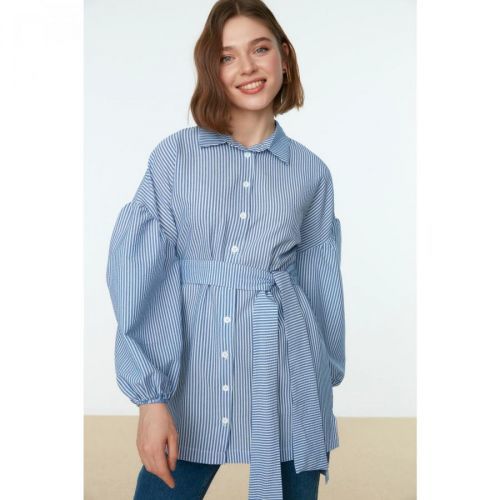 Trendyol Blue Striped Belted Balloon Back Sleeve Long Woven Shirt