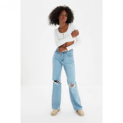 Trendyol Blue Ripped Detailed High Waist Wide Leg Jeans