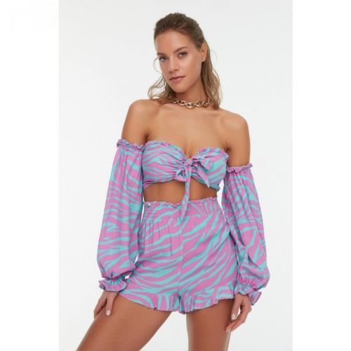 Trendyol Blue Zebra Patterned Blouse-Shorts Set
