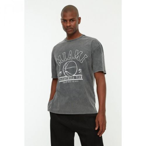 Trendyol Anthracite Men's Relaxed Fit Cycling Collar Short Sleeve Acid Wash Printed T-Shirt