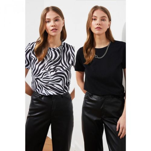 Trendyol Black-Multicolor 2 Pack Crew Neck Basic Knitted T-Shirt