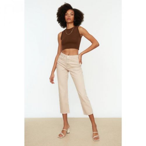 Trendyol Beige Front Button High Waist Mom Jeans