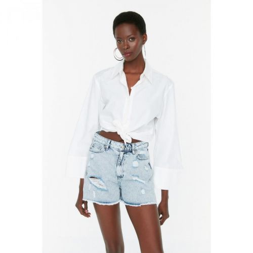 Trendyol Blue Ripped Detailed Denim Shorts