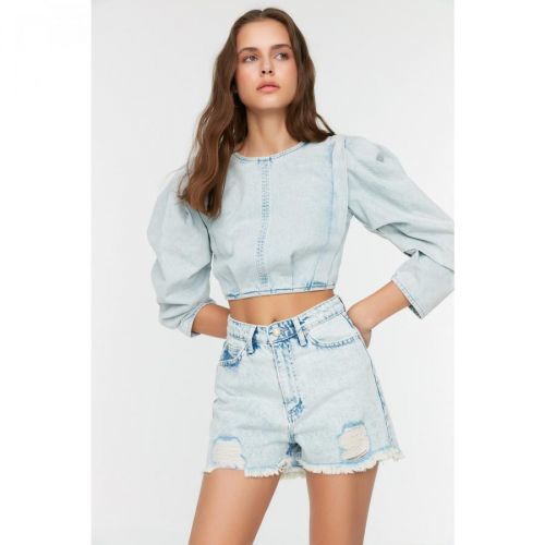 Trendyol Blue Ripped Denim Shorts