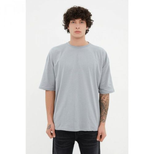 Trendyol Gray Men's Basic 100% Cotton Crew Neck Oversize Short Sleeved T-Shirt