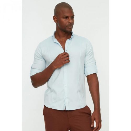 Trendyol Blue Men's Super Slim Fit Buttoned Collar Handled Epaulet Shirt