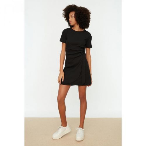 Trendyol Black Buckle Detailed Corduroy Knitted Dress