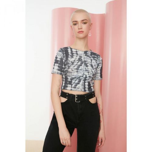 Trendyol Anthracite Tie Dye Crop Knitted Blouse