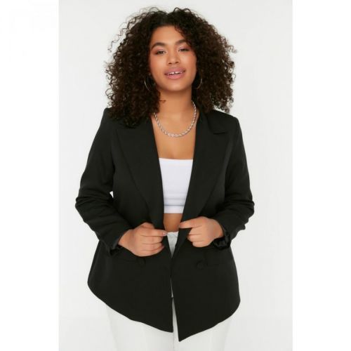 Trendyol Curve Black Pocket Detailed Double Closure Blazer Woven Jacket