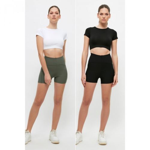 Trendyol 2-Pack Black-Khaki Gathering Sports Shorts