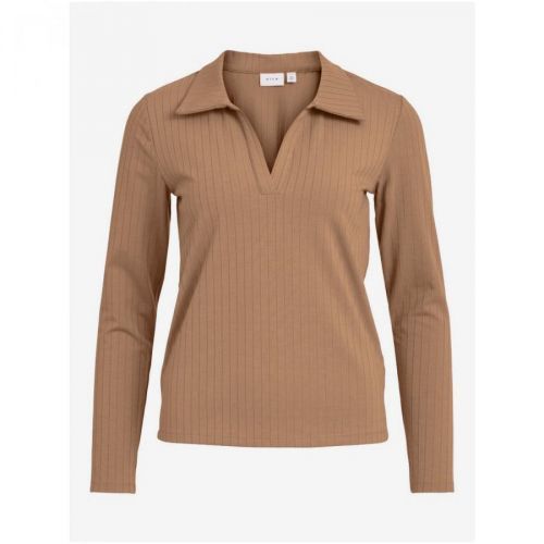 Brown ribbed T-shirt with collar VILA Nobella - Women
