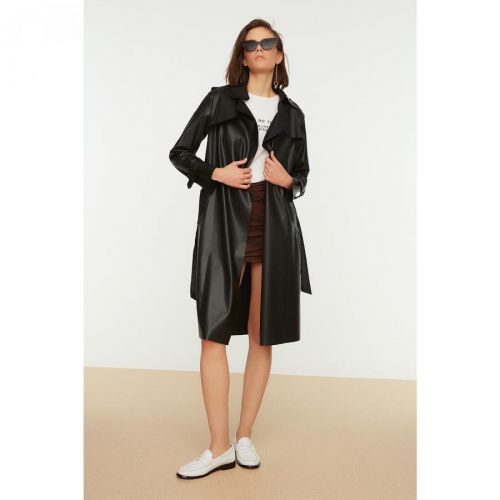 Trendyol Black Belted Faux Leather Trench Coat