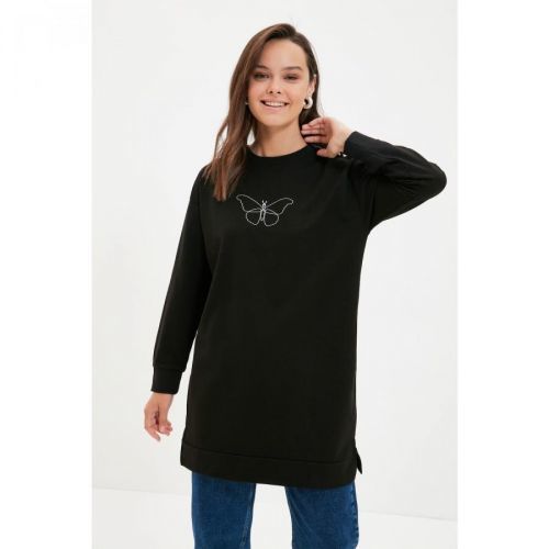 Trendyol Black Crew Neck Printed Knitted Sweatshirt