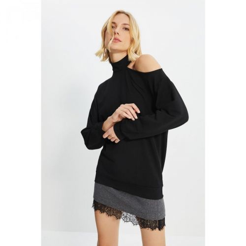 Trendyol Black Stand Up Collar Shoulder Detailed Basic Knitted Sweatshirt