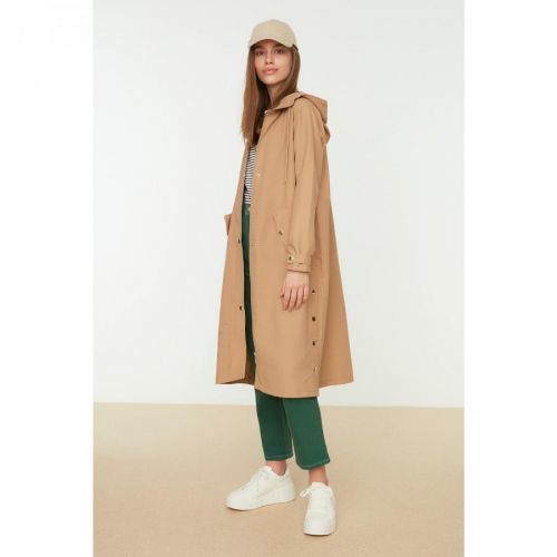Trendyol Beige Hooded Snap and Zipper Detailed Trench Coat