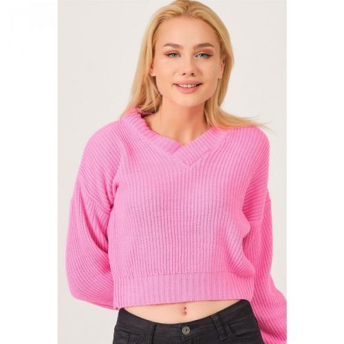 Z3034 DEWBERRY WOMEN'S V-NECK SWEATER-PINK