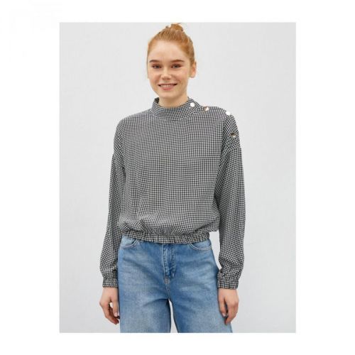 Koton Women's Checked Blouse Long Sleeve Stand Collar Button Detailed