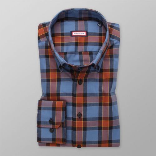 Pánska slim fit košeľa modrá s hnedým károvaným vzorom 13860