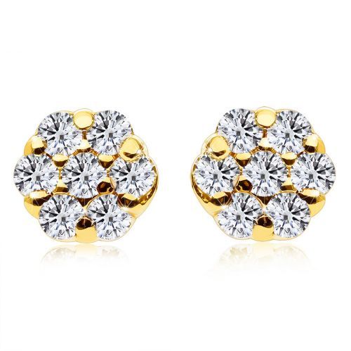 Diamantové náušnice zo 14K žltého zlata - malý kvet, okrúhle číre diamanty, puzetky