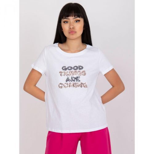 White t-shirt with an application and inscriptions