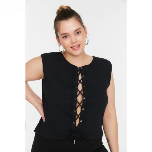Trendyol Curve Black Tie Detailed Knitted Blouse