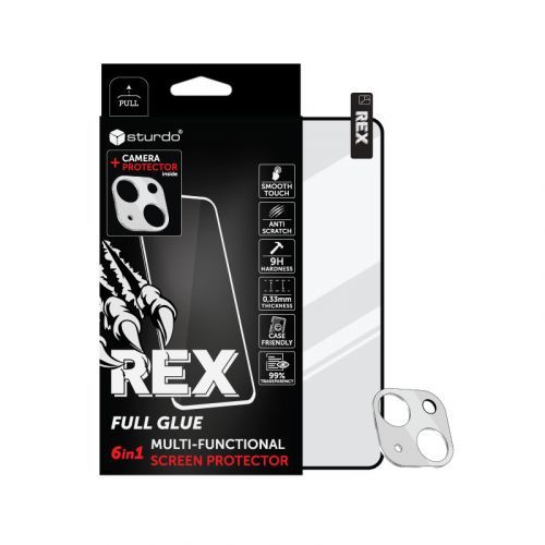 Sturdo Rex protective glass + Camera protection iPhone 13, čierne, 6v1