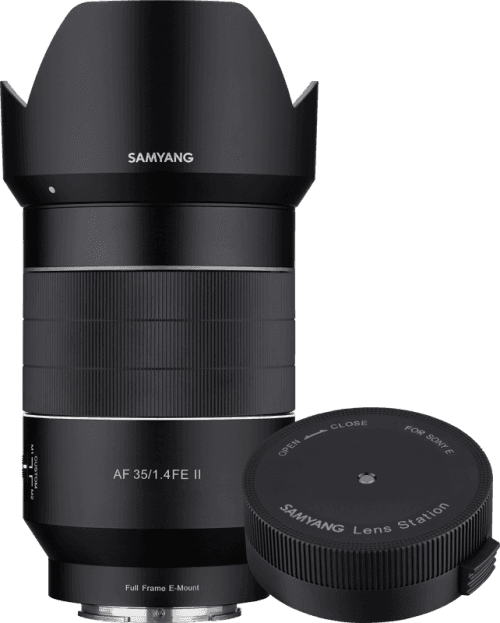 Samyang AF 35mm f/1.4 baj. Sony E pre Sony FE II + Lens Station