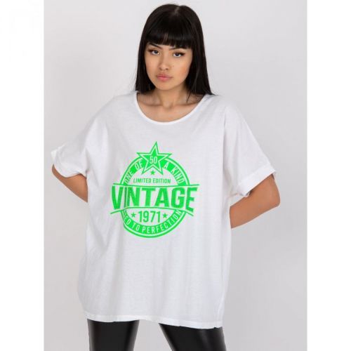 White and green t-shirt with an application and a round neckline