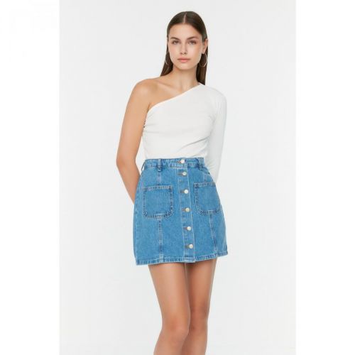 Trendyol Blue Stitch Detail Denim Skirt
