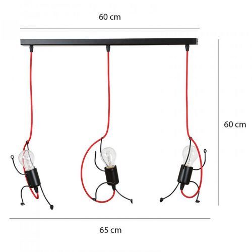 Závesná lampa Bobi 3 v čiernej kábel červený 3-pl.