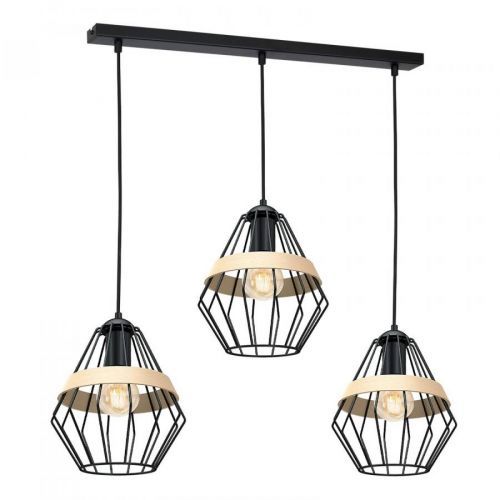 Závesná lampa Cliff 3 kliet. tienidlá +drevený pás