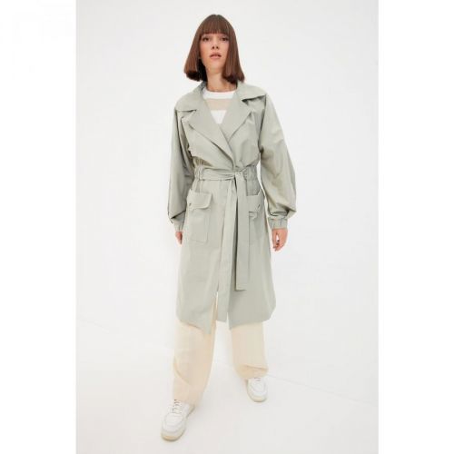 Trendyol Light Khaki Long Oversized Trench Coat with Ruffles and Belt Detail