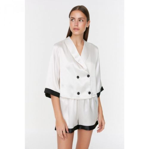Trendyol Ecru Striped Satin Pajamas Set