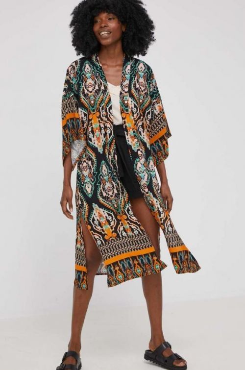 Kimono Answear Lab čierna farba, bez zapínania, vzorovaná