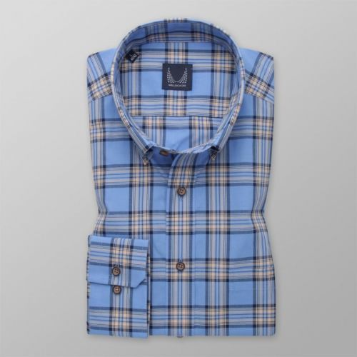 Pánska slim fit košeľa modrá s farebným károvaným vzorom 13943