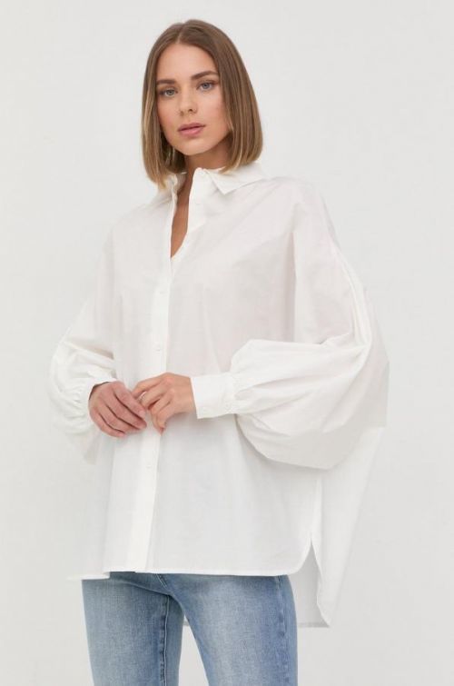 Bavlnená košeľa Twinset dámska, biela farba, voľný strih, s klasickým golierom