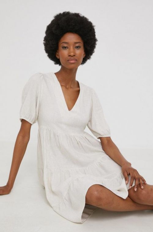 Ľanové šaty Answear Lab béžová farba, mini, áčkový strih