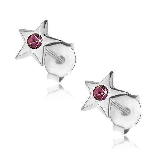 Strieborné 925 náušnice, lesklá hviezdička s fialovým Swarovského krištáľom