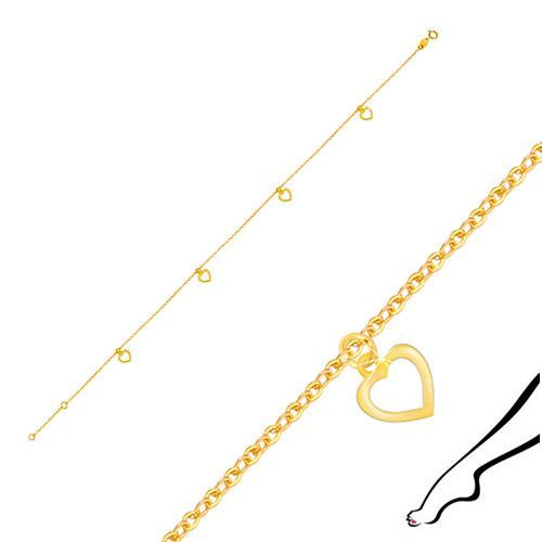 Náramok na členok zo žltého 9K zlata - kontúry srdiečok s výrezom, oválne články