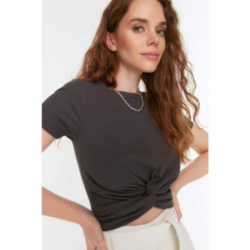 Trendyol Anthracite Tie Detailed Crop Knitted Blouse