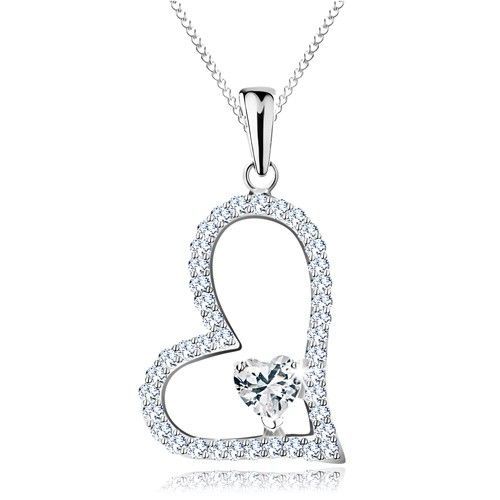 Strieborný náhrdelník 925, asymetrická kontúra srdca, číre zirkónové srdiečko