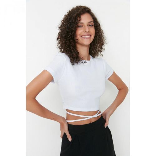 Trendyol White Tie Detailed Crop Camisole Knitted Blouse