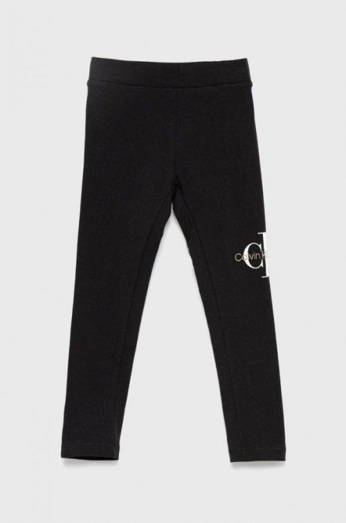 Detské legíny Calvin Klein Jeans čierna farba, s potlačou