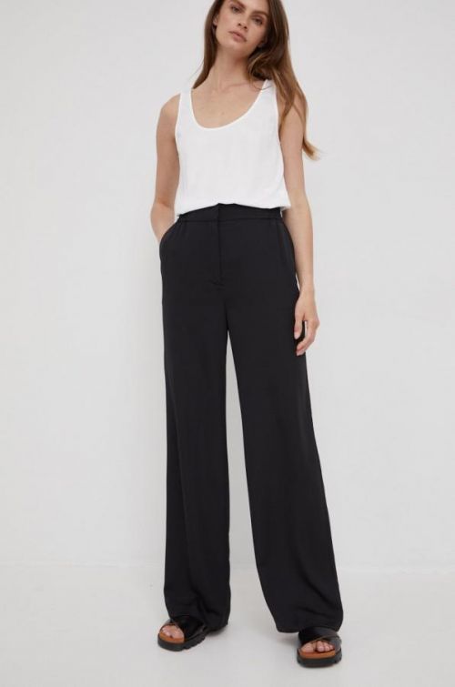 Nohavice Calvin Klein dámske, čierna farba, široké, vysoký pás